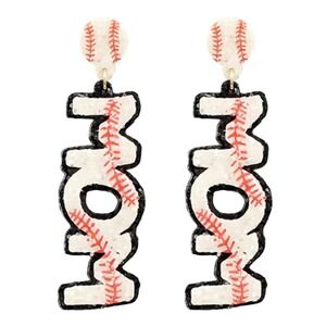 Baseball Mom Earrings White Red‎ Black Sparkle Drop Dangle Sports Jewelry New